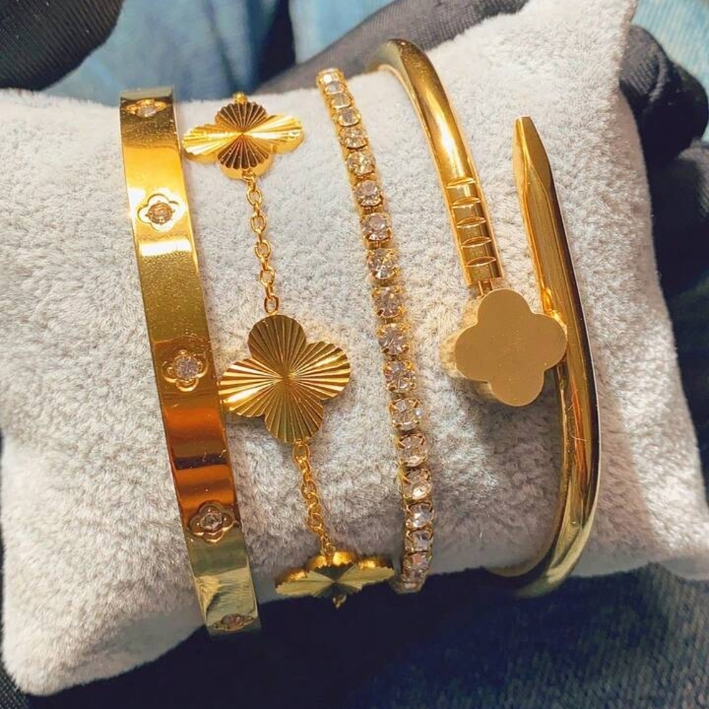 18K Yellow Gold Plated Floral & Crystal Stack Bracelet Set 4 Piece
